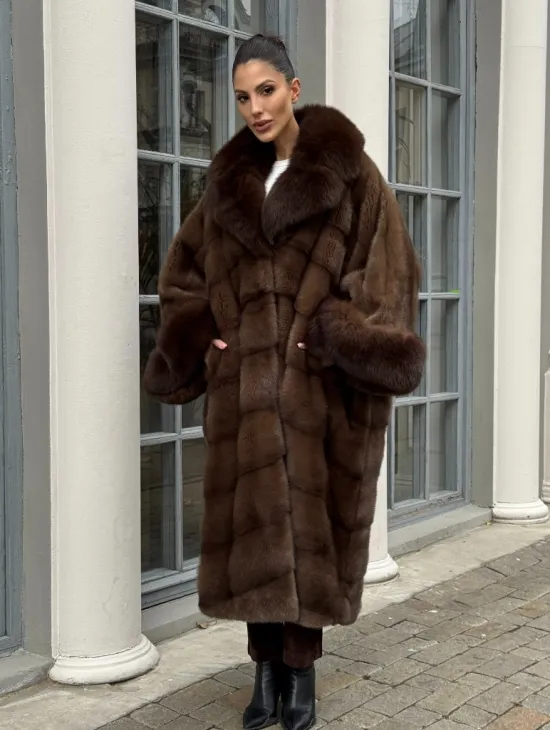 Норковая шуба пальто стиль «Бохо» с воротником и рукавами из меха песца - цвет орех