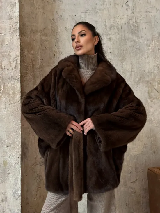 Модная шуба 2025 из меха норки NAFA премиум класса - фасон летучая мышь