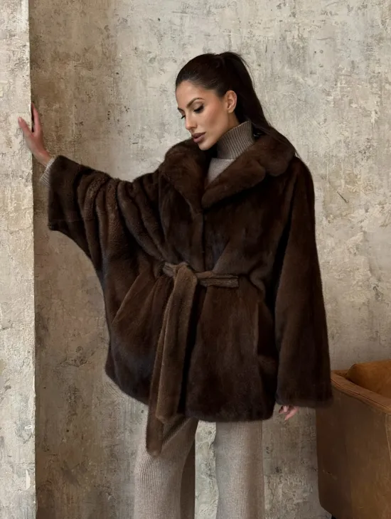 Модная шуба 2025 из меха норки NAFA премиум класса - фасон летучая мышь