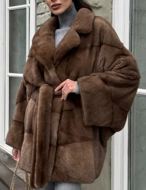 Premium мех, шуба летучая мышь из аукционной норки в натуральном цвете пастель