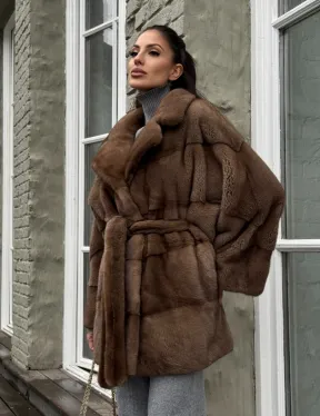 Premium мех, шуба летучая мышь из аукционной норки в натуральном цвете пастель