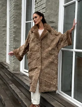 Женская шуба из меха каракуля GOLD кимоно паркет английский воротник