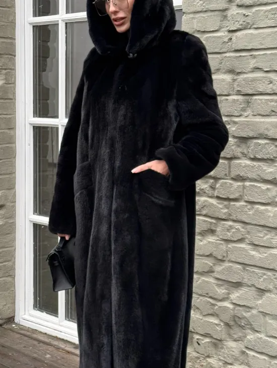 Норковая шуба PREMIUM из аукционной плюшевой норки с капюшоном