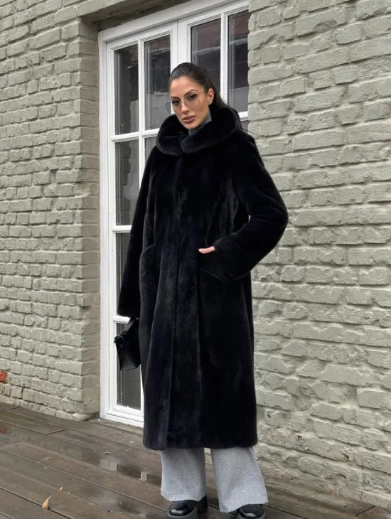 Норковая шуба PREMIUM из аукционной плюшевой норки с капюшоном
