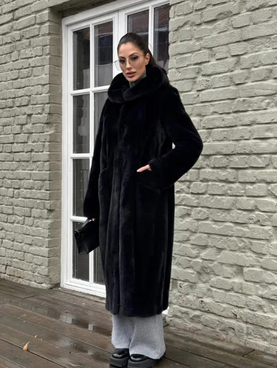 Норковая шуба PREMIUM из аукционной плюшевой норки с капюшоном