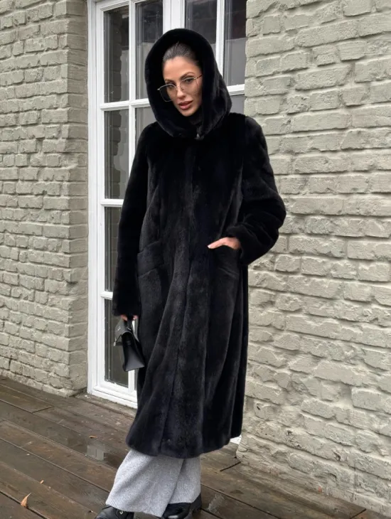 Норковая шуба PREMIUM из аукционной плюшевой норки с капюшоном