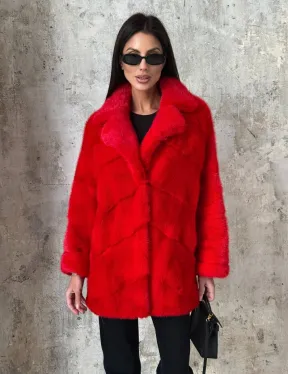 Красный полушубок из натурального меха норки