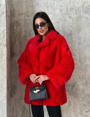 Красный полушубок из натурального меха норки