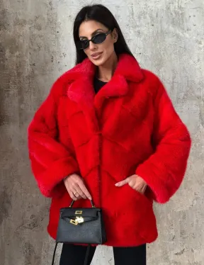 Красный полушубок из натурального меха норки