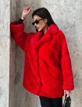 Красный полушубок из натурального меха норки