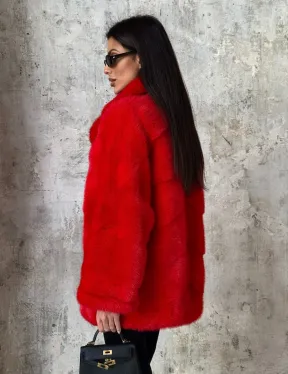 Красный полушубок из натурального меха норки