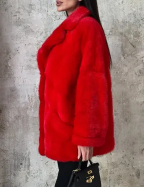 Красный полушубок из натурального меха норки