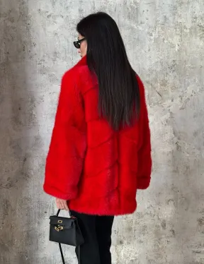 Красный полушубок из натурального меха норки
