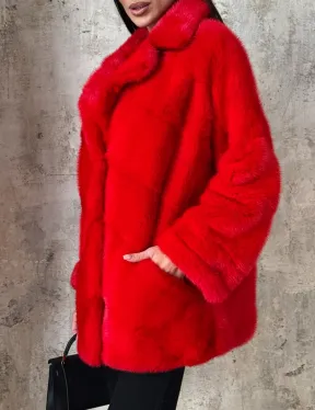 Красный полушубок из натурального меха норки
