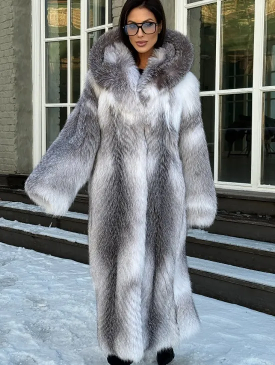 Длинная шуба из меха Arctic Fox с капюшоном, росшив - серая