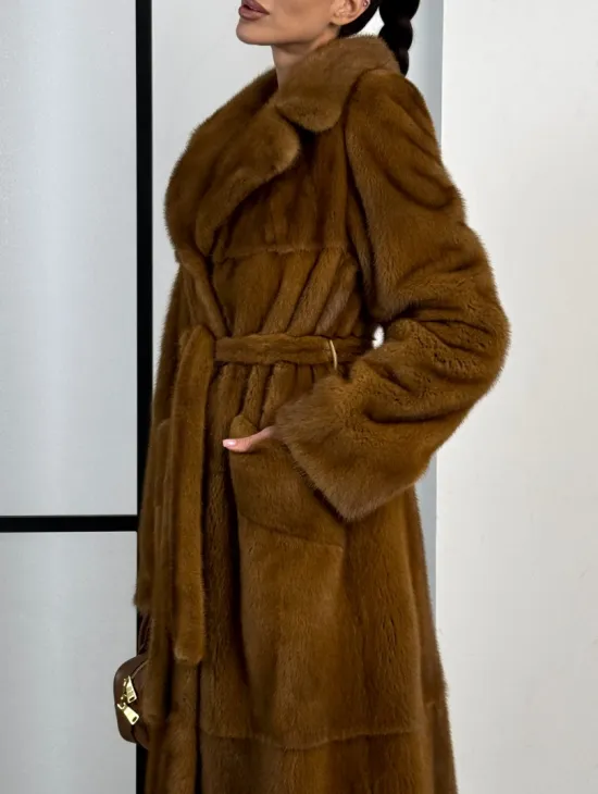 Классическая длинная норковая шуба под пояс - английский воротник