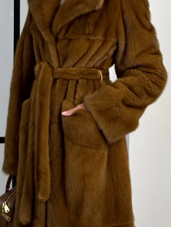Классическая длинная норковая шуба под пояс - английский воротник