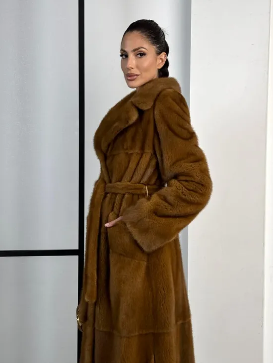 Классическая длинная норковая шуба под пояс - английский воротник