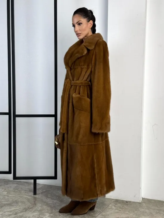 Классическая длинная норковая шуба под пояс - английский воротник