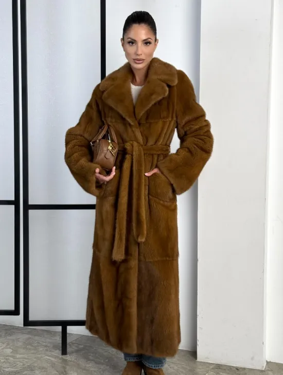 Классическая длинная норковая шуба под пояс - английский воротник