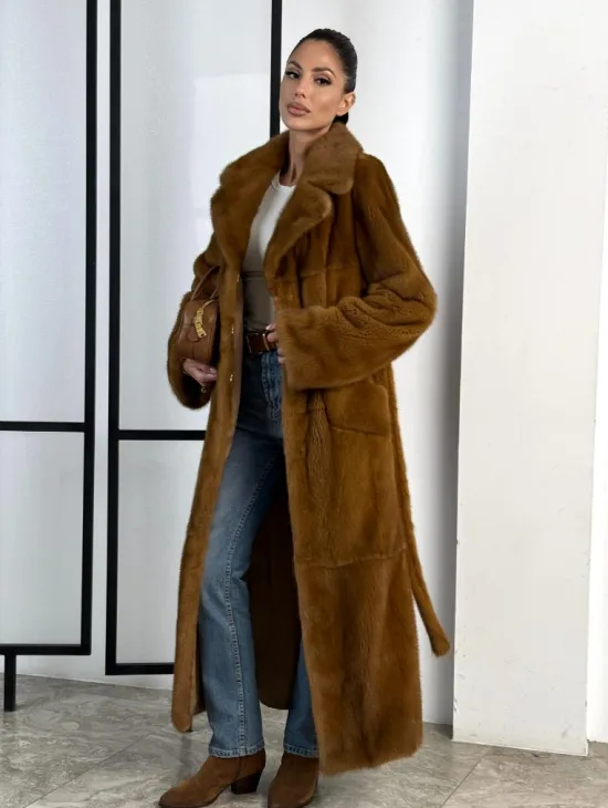 Классическая длинная норковая шуба под пояс - английский воротник