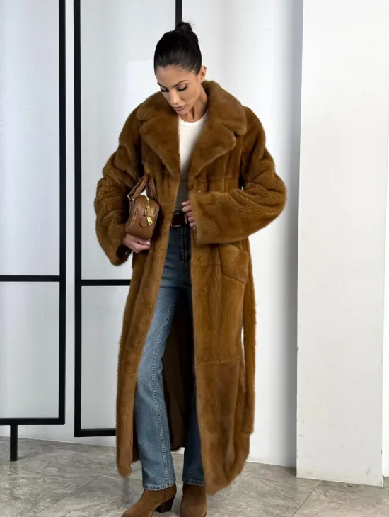 Классическая длинная норковая шуба под пояс - английский воротник