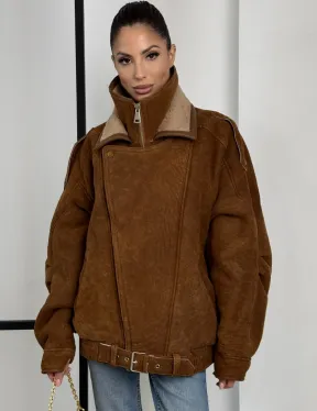 Зимняя натуральная замшевая куртка - дубленка с лацканами