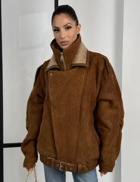 Зимняя натуральная замшевая куртка - дубленка с лацканами