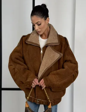 Зимняя натуральная замшевая куртка - дубленка с лацканами