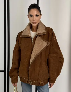 Зимняя натуральная замшевая куртка - дубленка с лацканами