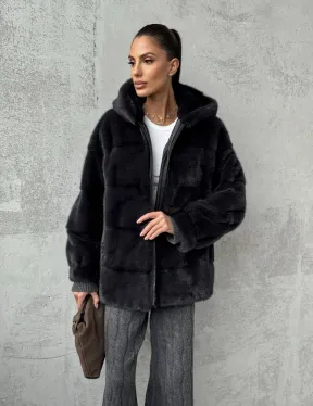 Норковый полушубок - куртка из меха норки с капюшоном графит