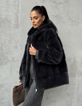 Норковый полушубок - куртка из меха норки с капюшоном графит