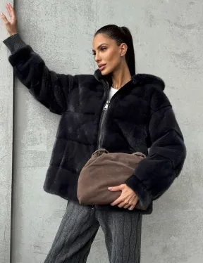 Норковый полушубок - куртка из меха норки с капюшоном графит