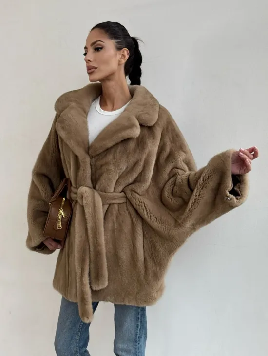 Шуба норковая SAGA FURS летучая мышь в натуральном цвете пастель