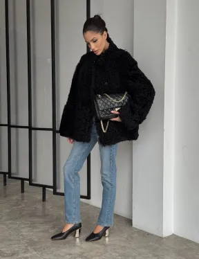 Черная двусторонняя женская дубленка зима 2025