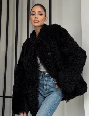 Черная двусторонняя женская дубленка зима 2025