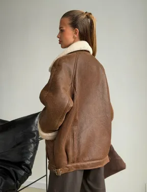 Коричневая женская винтажная дубленка на пуговицах