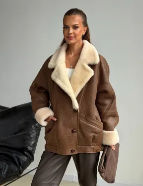 Коричневая женская винтажная дубленка на пуговицах