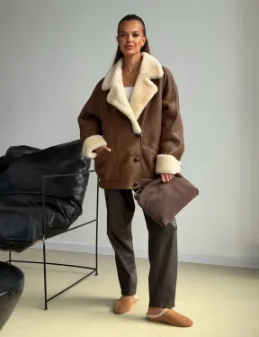 Коричневая женская винтажная дубленка на пуговицах