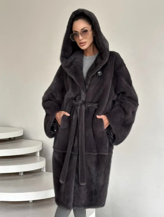 Зимняя норковая шуба с капюшоном - цвет графит
