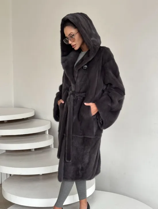Зимняя норковая шуба с капюшоном - цвет графит