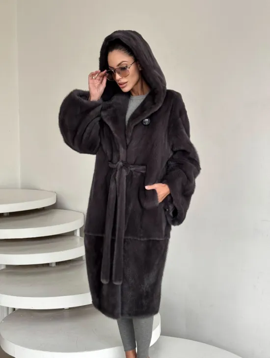 Зимняя норковая шуба с капюшоном - цвет графит