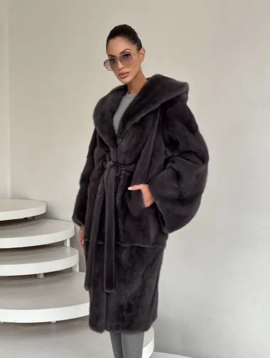Зимняя норковая шуба с капюшоном - цвет графит