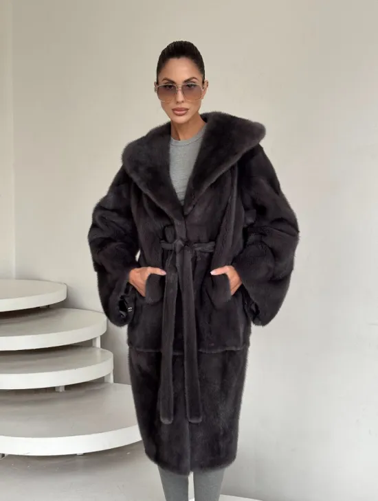 Зимняя норковая шуба с капюшоном - цвет графит