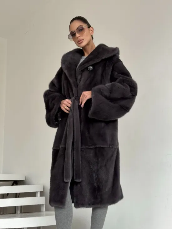 Зимняя норковая шуба с капюшоном - цвет графит