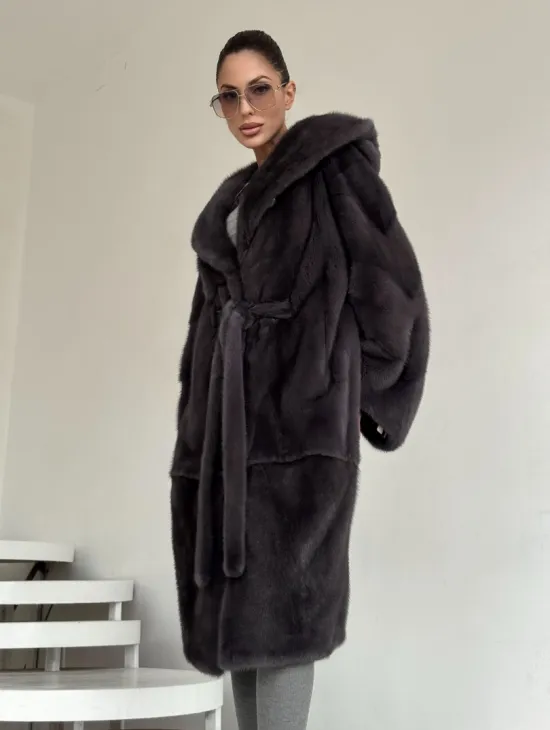 Зимняя норковая шуба с капюшоном - цвет графит