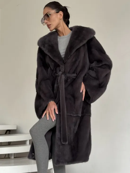 Зимняя норковая шуба с капюшоном - цвет графит