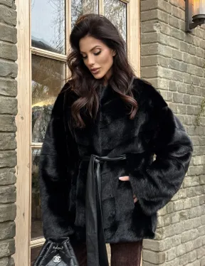 Черный норковый полушубок с воротником V-образным