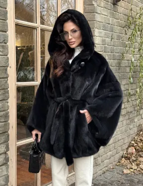 Меховое пончо из скандинавской норки с капюшоном - черный изумруд