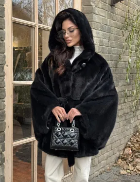 Меховое пончо из скандинавской норки с капюшоном - черный изумруд